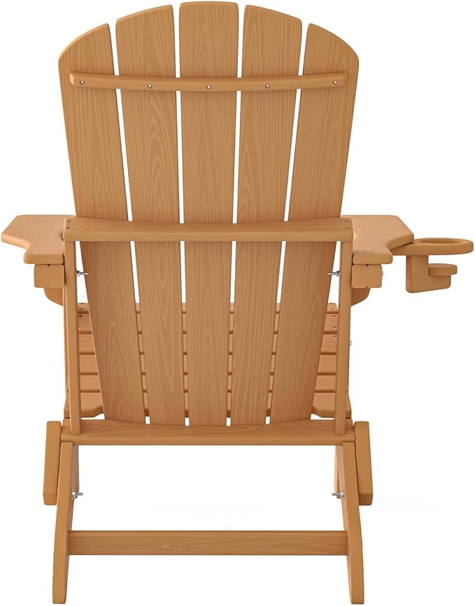 Folding Adirondack Chair, SGS Tested, Wooden Textured with Cup Holder, Heavy All-Weather HDPE Comfortable Set Poolside Backyard Lawn Teak