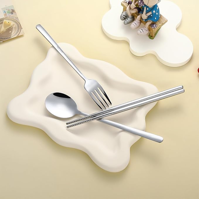 DEVICO Travel Utensils with Case Cute, Reusable Silverware for Lunch, Portable Cutlery Set, 18/8 Stainless Steel Fork Spoon Chopsticks in Cartoon Case, Dishwasher Safe (Light Yellow)