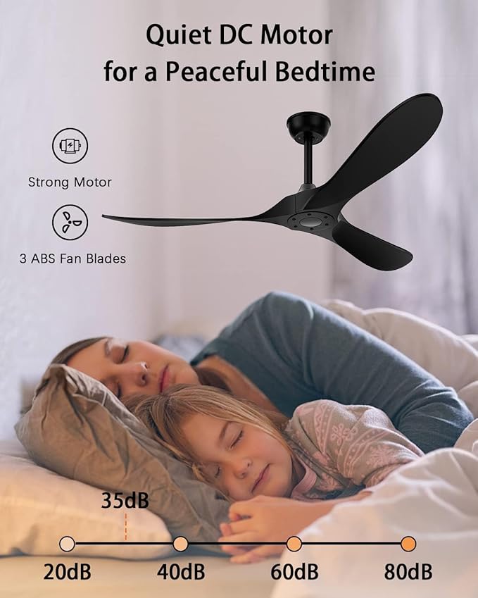 Black Ceiling Fan No Light, 52 in Outdoor Ceiling Fan with Remote, Indoor Ceiling Fans without lights 3 Blades, 6 Speed Reversible DC Motor Modern for Patios, Kitchen, Bedroom, Porch (Black)