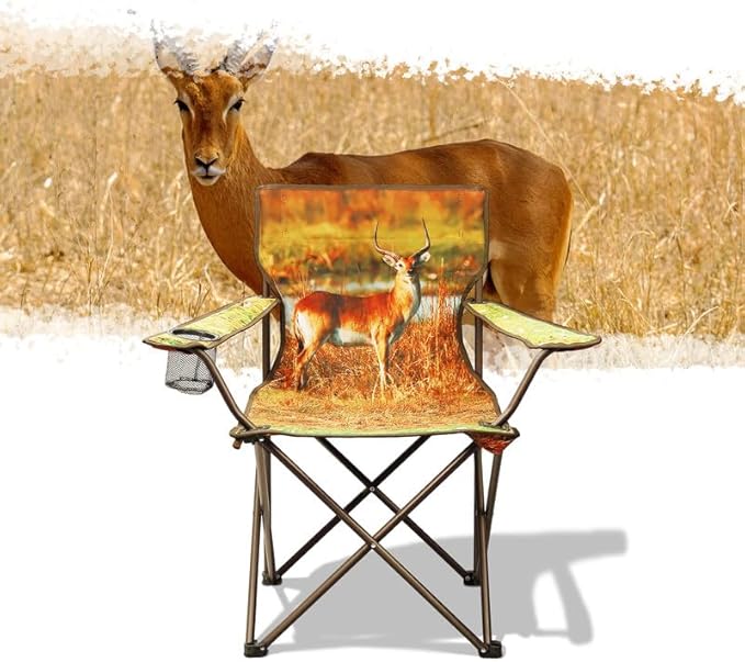 2 Pcs Animal Pattern Camping Chair,Folding Backpacking Lightweight Beach Chair w/Cup Holder,Side Pocket,Carry Bag,Portable Adults Lawn Chair for Family Outdoor,Hiking,Parties,Antelope