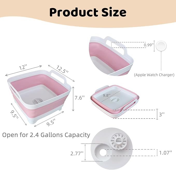 Collapsible Wash Basin for Baby Bottles - 2.4 Gallons Portable Wash Bin for RV Camping Sink, Space-Saving Dish Tub (Pink)