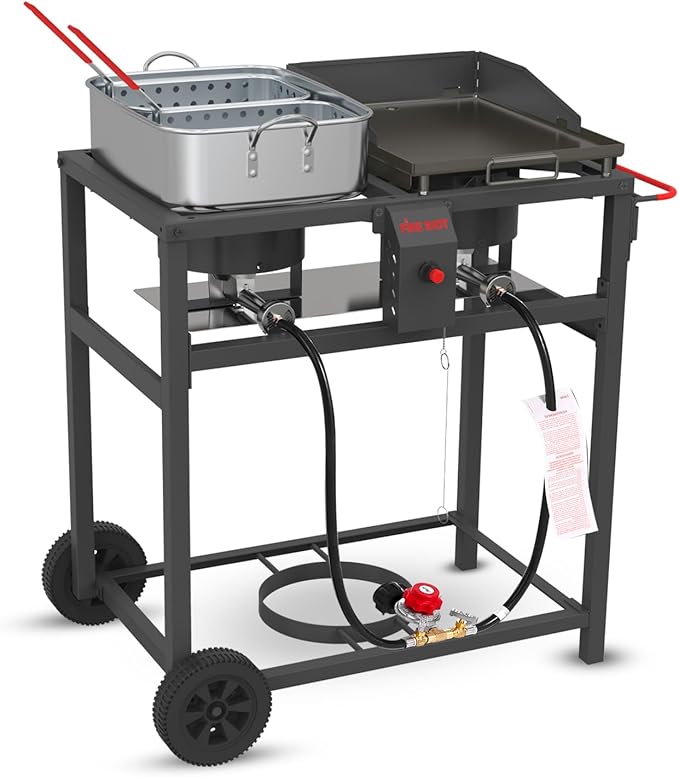 Outdoor Propane Deep Fryer and Griddle Combo, Portable 2-in-1 Cooking Station with Double Burner Propane Stove and Wheels, Ideal for Outdoor BBQ, Camping, and Tailgating