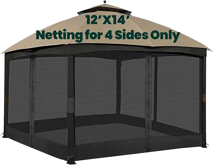 Gazebo Universal Replacement Mosquito Netting, Upgrade 12' x 14' Outdoor Canopy Net Screen 4-Panel Sidewall Curtain, with Zippers, Easy to Install, Fit for Most Gazebo 12x14 Canopy, Black