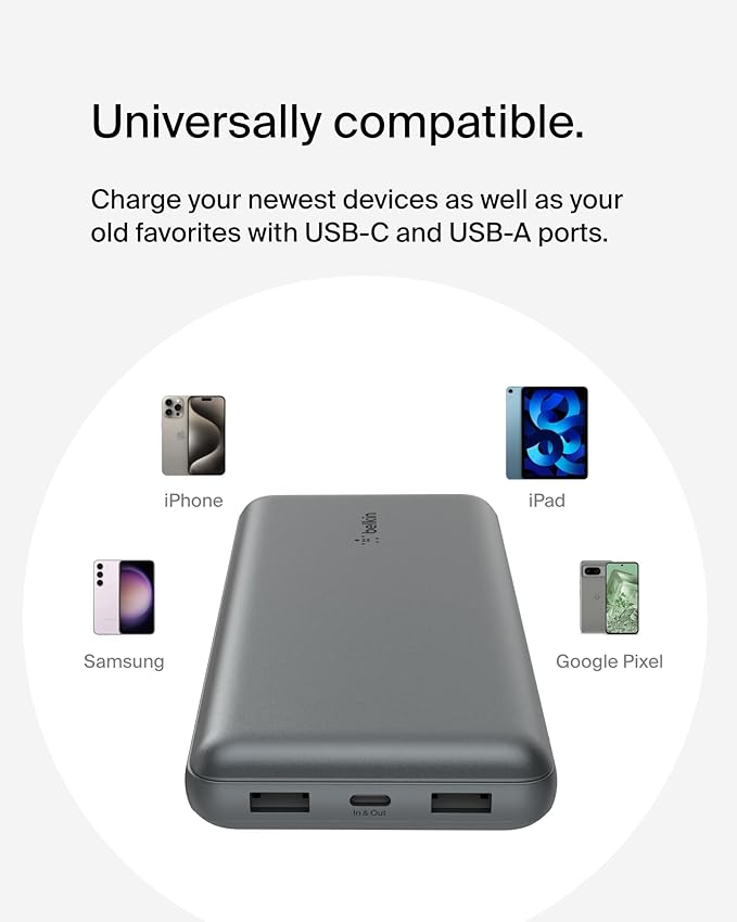 Belkin Portable Charger, USB C Power Bank 20000 mAh w/ 2 USB-A Ports, 15W w/A to C Cable for iPhone 17, Air, Pro, Pro Max, Samsung Galaxy S25, iPad, Nintendo Switch 2, Google Pixel 10, etc. - Gray