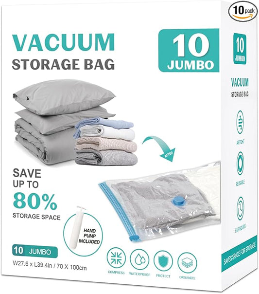 10 Pack Jumbo Space Saver Vacuum Storage Bags Seal Bags for Clothing Travel Compression Bags for Comforters Blankets Bedding Pillows Luggage Hand Pump Included