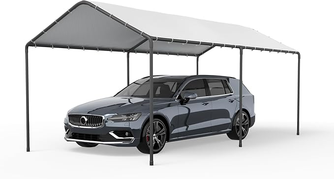 Carport, 10‘ x 20’ Heavy Duty Portable Garage All-Season Car Canopy w/Removable Sidewall & Doors, Carport Canopy Party Tent w/Water-Resistant Tarp for Backyard (White, 10' x 20' /no Side)