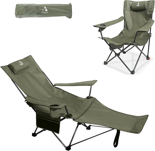 2-in-1 Reclining Camping Chair, Portable Folding Beach Lounge Chair with Footrest & Adjustable Backrest, Comfortable Lawn Chair for Adults Heavy Duty with Cup Holder for Outdoor Poolside Sports