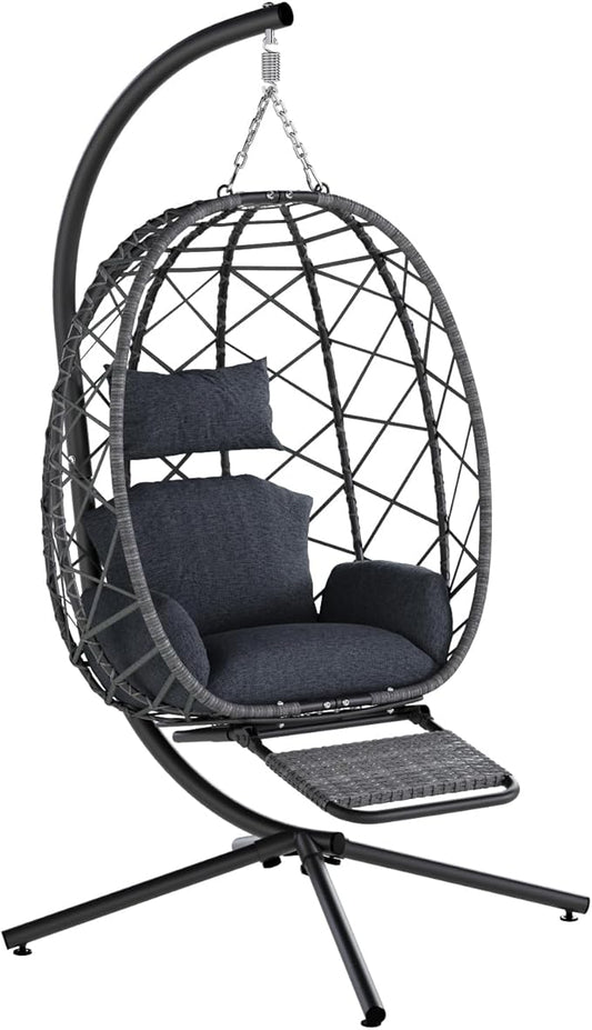SWITTE Hanging Egg Chair with Stand, Outdoor Swing Egg Chair with Footrest, Patio Hammock Chair with Cushion for Garden Backyard-Dark Grey