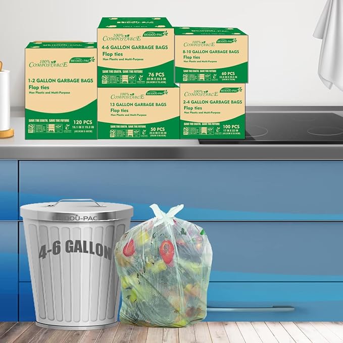 4-6 Gallon Flap Tie Compostable Trash Bags, 304 Count, Compost Bags Kitchen Trash Bags, Sturdy Biodegradable Garbage Bags Food Scrap Waste Bags, ASTM D6400, US BPI Certified