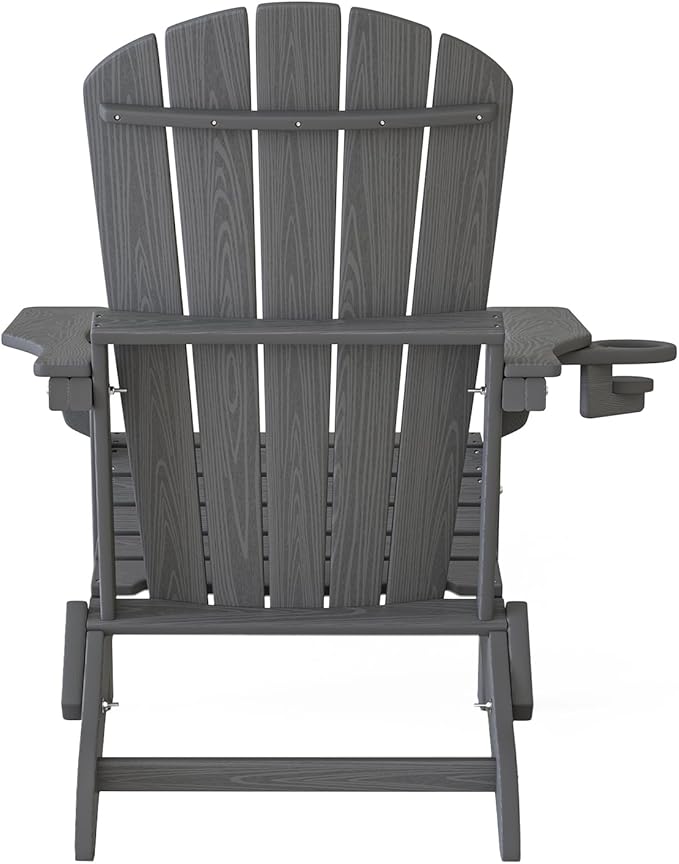 Folding Adirondack Chair, SGS Tested, Wooden Textured with Cup Holder, Heavy All-Weather HDPE Comfortable Set Poolside Backyard Lawn Grey Set 4