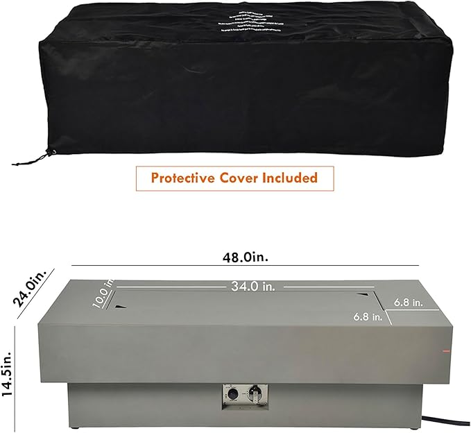 48-inch Fire Table with Natural Gas Conversion Kit, 50,000BTU Outdoor Modern Patio Fire Pit Table w/Rectangular Burner Lid, Glass Rocks, Cover