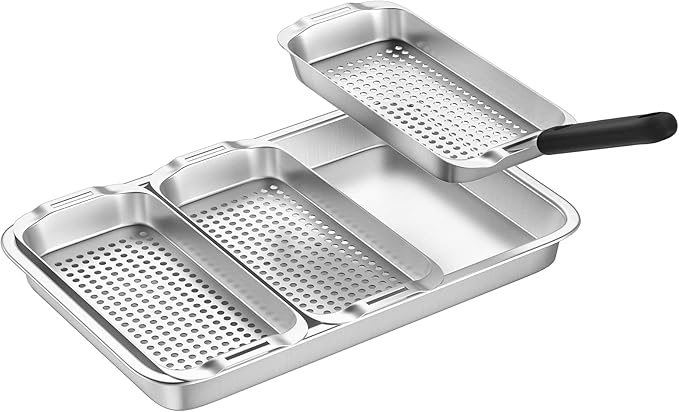 Grill Basket Set - BBQ Grill Tray with 3-Piece Grill Basket & Universal Handle, Heavy-Duty Stainless Steel, Dishwasher Safe, Rust-Resistant for Outdoor Cooking, Camping, Picnic, Gas, Charcoal Grills