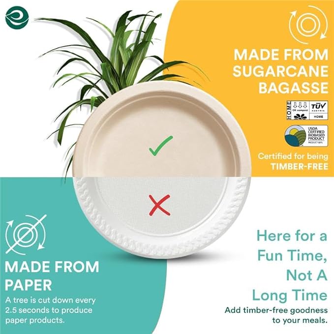 ECO SOUL 100% Compostable 10 Inch Paper Plates 200 [2x100 Pc] Disposable Party Plates I Heavy Duty Eco-Friendly Sturdy Dinner, Wedding, Event Plates I Biodegradable Unbleached Sugarcane Eco Plates