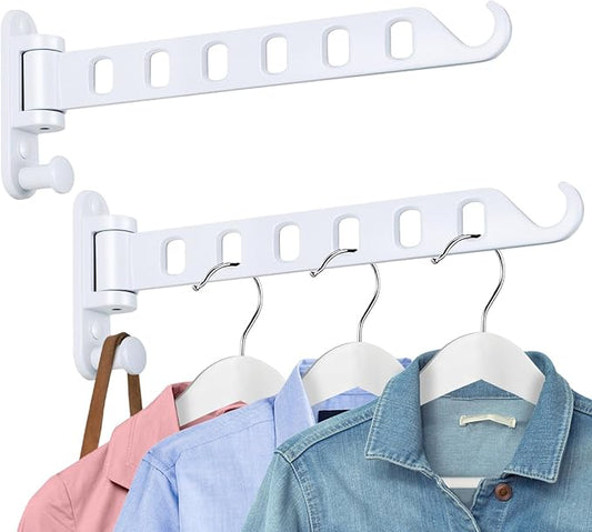 Laundry Drying Rack Wall Mounted - Swing Arm Clothes Hanger with 6-Hole, 180° Rotation Coat Hanger Holder, Foldable Valet Hook for Laundry Closet (2-Pack, White)