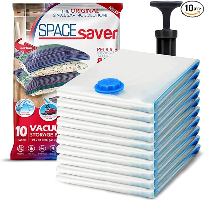 10 Pack Large Vacuum Storage Bags for Comforters, Blankets & Clothes – Vacuum Sealed Compression Bags with Hand Pump – Space Saver Storage Bags for Bedding, Moving, Travel & Organization