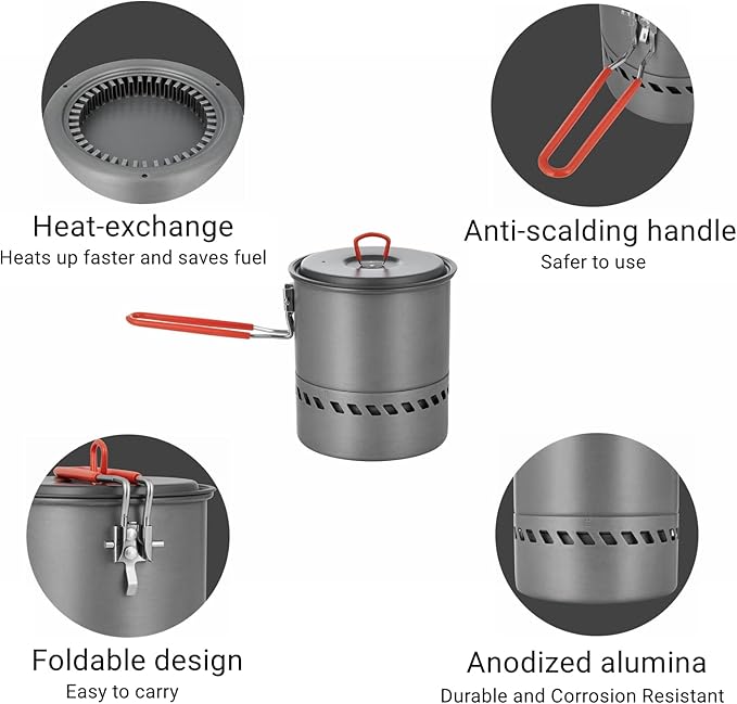 Bulin Camping Pot, 1.5L High Efficiency Backpacking Pot Ultralight Camping Cooking Set Cookware Gear with Heat-Proof Handle & Heat Exchanger for Outdoor Picnic Hiking Travel