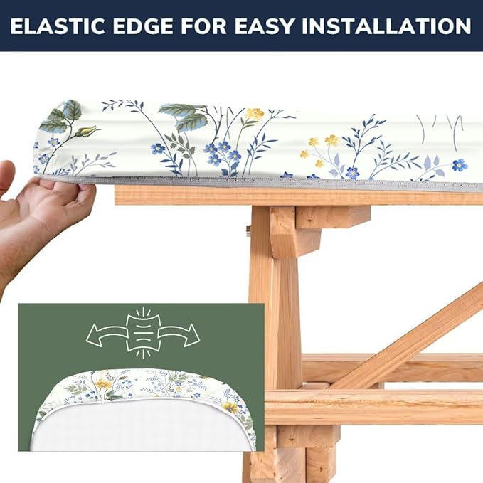 CAPSCEOLL Picnic Table Cover with Bench Covers Wind & Water-Resistant Camping Tablecloth Outdoor Table Protector with Drawstring Bag for Camping Essentials, 72X30in, Blue Yellow Flowers