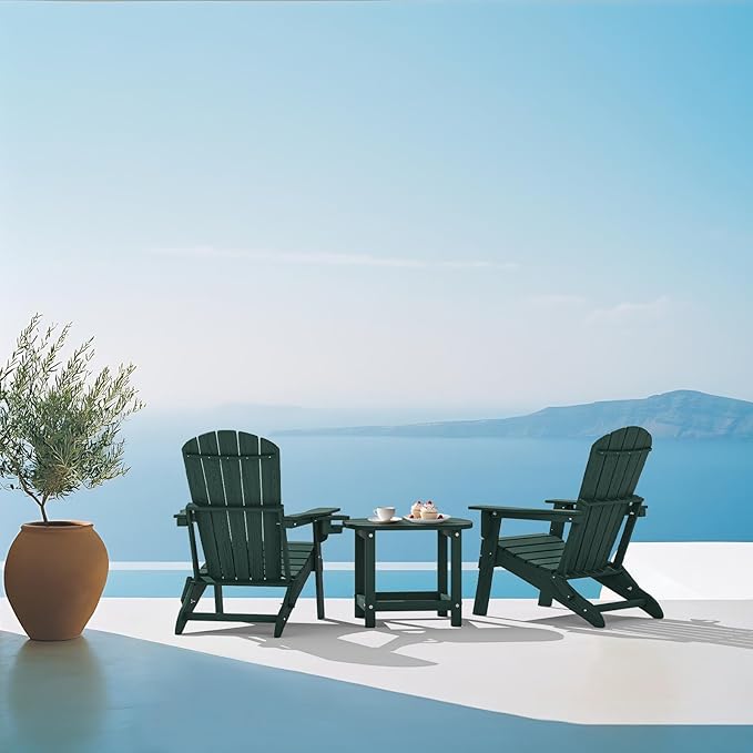 Folding Adirondack Chair, SGS Tested, Wooden Textured with Cup Holder, Heavy All-Weather HDPE Comfortable Set Poolside Backyard Lawn Green