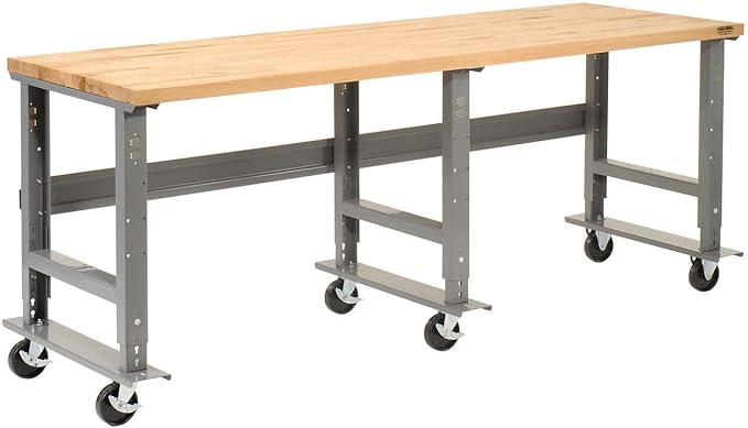 Global Industrial Mobile Adjustable Height Workbench, Maple Butcher Block Square Edge, 96" W x 36" D, Gray