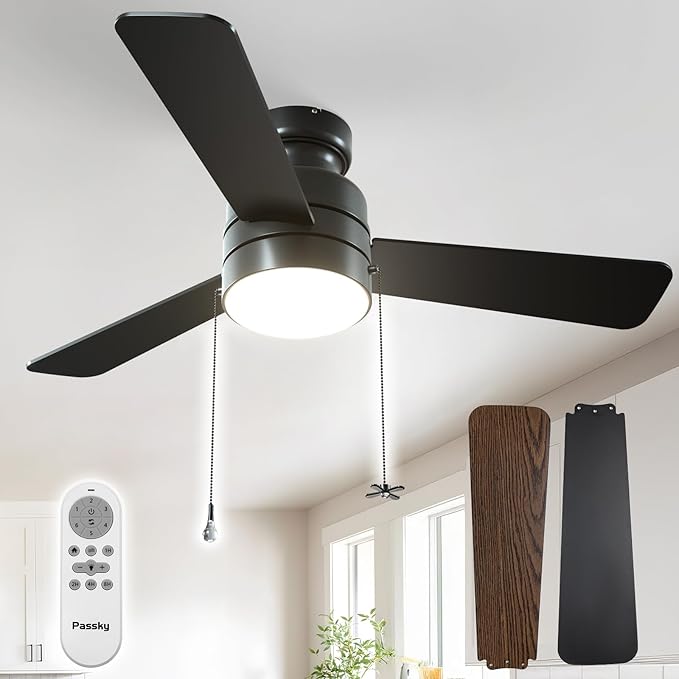 Ceiling Fans with Lights, 42 inch Low Profile Ceiling Fan with Pull Chain and Remote Control, Flush Mount, Reversible, 5CCT, Dimmable, Noiseless, Black Pull Cord Ceiling Fan for Bedroom