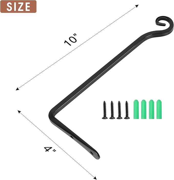 Jardim 2 Pack 10 Inch Premium Decorative Metal Iron Wall Hangers for Home Decor, Indoor Outdoor Plant Bracket Rustic Hanging Gardening Hooks for Planters, Bird Feeders, Lanterns, Wind Chimes (Black)