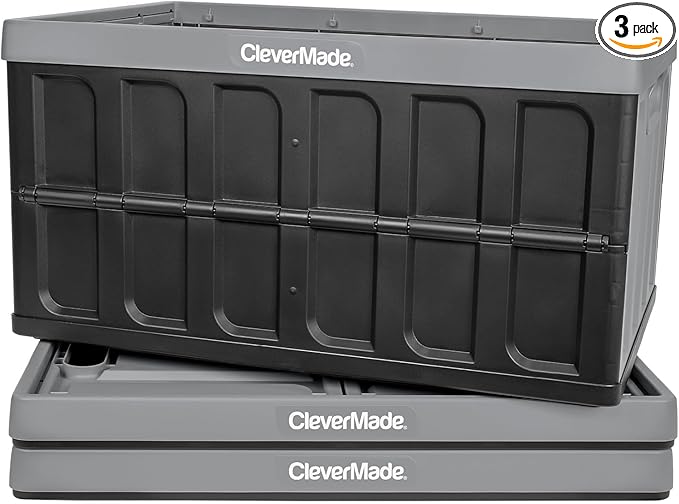 CleverMade Collapsible Storage Bins - Stone 3 Pack 62L / 16 Gal holds 100 lbs - Stackable Containers Heavy Duty Capacity Crates Space-Saving