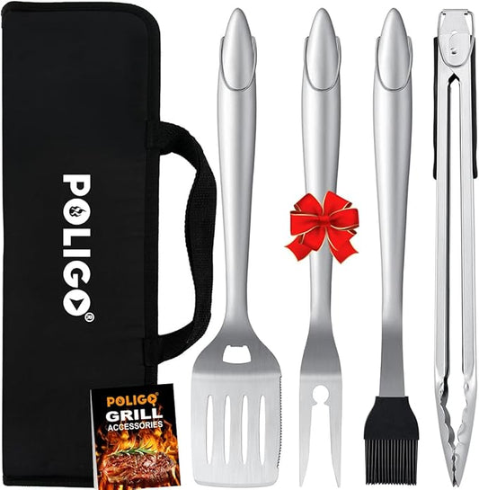 POLIGO 5PCS BBQ Grill Accessories for Outdoor Grill Set Stainless Steel Camping BBQ Tools Grilling Tools Set for Christmas Dads Birthday Presents, Grill Utensils Set Ideal Grilling Gifts for Men Dad