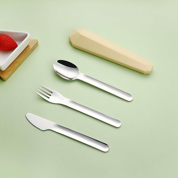 DEVICO Travel Utensils with Case, Reusable Camping Silverware Cutlery, 18/8 Stainless Steel Portable Fork Spoon Knife Set for Lunch Picnic School Workplace (Yellow)