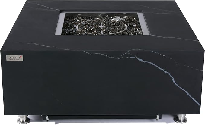 Elementi+ | Sofia Gas Fire Pit | Marble Porcelain & Metal Frame | 40" Square Fire Table | Electronic Ignition | Canvas Cover, Fire Glass & Burner Lid Included | Black | Propane Gas