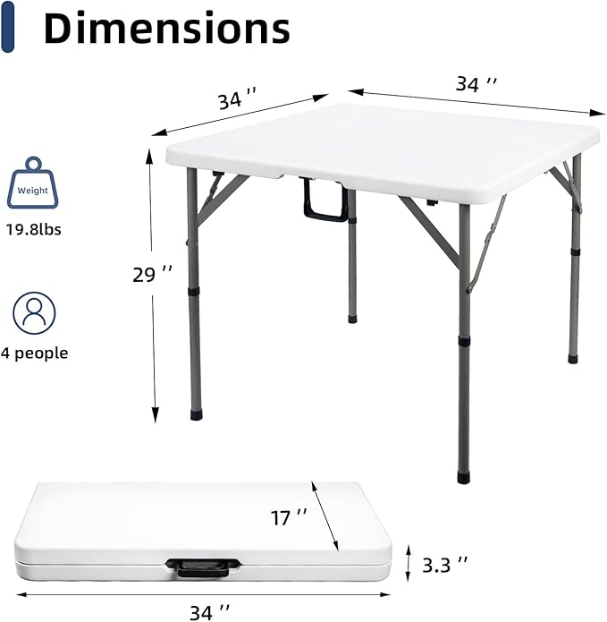 34" Square Folding Card Table, Fold-in-Half Utility Dining Portable Table Heavy Duty HDPE White Plastic Foldable with Carrying Handle Indoor Outdoor for Picnic, Camping, Party