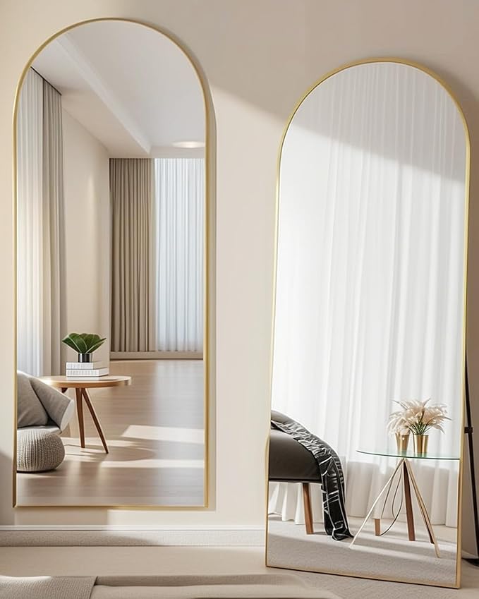 Arched Full Length Mirror81 x41 Full Body Floor Mirror Standing Hanging or Leaning Wall, Arch Wall Mirror with Stand Aluminum Alloy Frame for Bedroom Cloakroom Gold