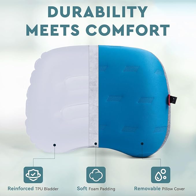 Hikenture Camping Pillow Ultralight, Inflatable Pillows with Removable Cover, Compact Portable Backpacking Pillow, Ergonomic Blow Up Camp Pillows, Washable Air Pillow for Hiking, Beach (Blue)