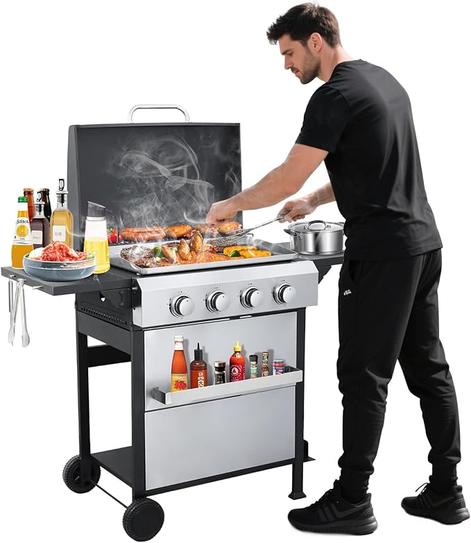 4-Burner Propane Gas BBQ Grill, SS Plancha, 49200BTU Stainless Steel Barbecue Grill With Wire Enamel Cooking Grids Foldable Side Table for Outdoor Camping(Style8: 4-Burner with SS Plancha)