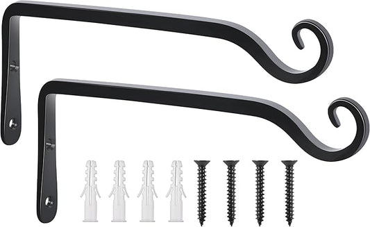 FEED GARDEN Wall Hook Hanging Plant Bracket 10 Inch 2 Pack, Hand-Forged Plant Hanger for Hanging Bird Feeders, Wind Chimes, Flower Baskets, Yoga Mat, Indoor/Outdoor Use, Black