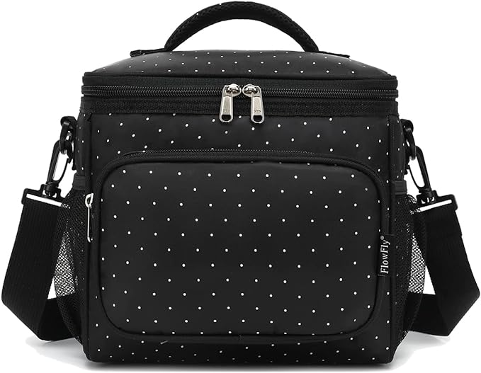FlowFly Insulated Reusable Lunch Bag Adult Large Lunch Box for Women and Men with Adjustable Shoulder Strap,Front Zipper Pocket and Dual Large Mesh Side Pockets,Dot