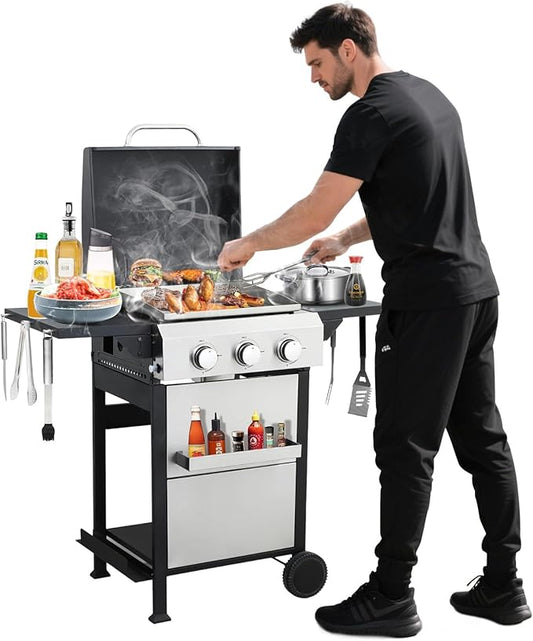 3-Burner Propane Gas BBQ Grill, SS Plancha, 36900BTU Stainless Steel Barbecue Grill With Wire Enamel Cooking Grids Foldable Side Table for Outdoor Camping (Style7: 3-Burner with SS Plancha)