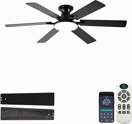Ceiling Fans with Lights,54 Inch Low Profile Ceiling Fan with Light and Remote Control,6 Speeds/6 Blade,Flush Mount,LED Dimmable DC Reversible Modern, Black Ceiling Fan for Bedroom/Living Room