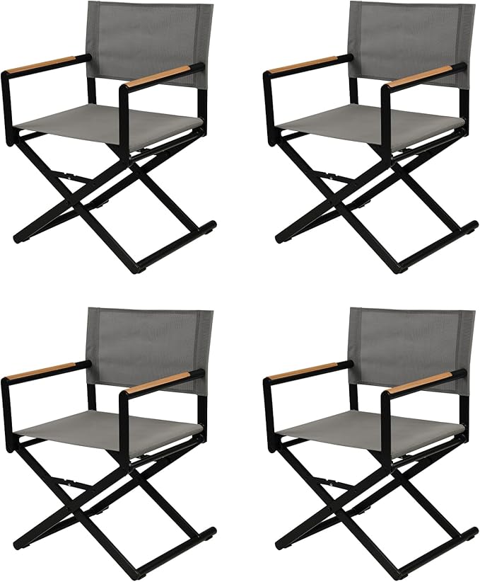 Grand patio Extra-Wide 4-Pack Directors Chairs, Folding Dining Chair Set of 4 with Sling, Woodgrain Armrests, Outdoor, Gray