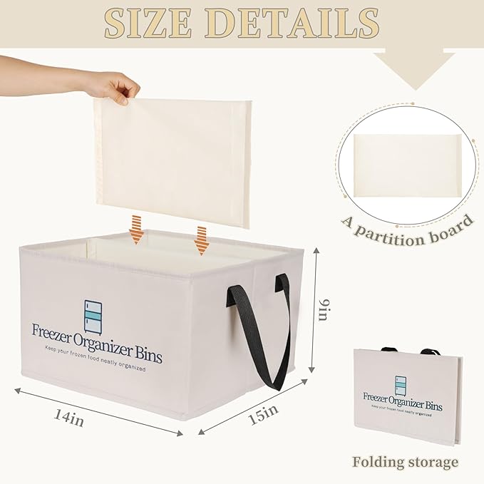 Freezer Organizer Bins, Collapsible Deep Freezer Organizer Bins for 15"x14"x9", freezer Storage Bins with Removable Dividers, Handles (Light Grey, 1 Pack)