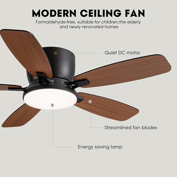 Ceiling Fans with Lights, 44" Low Profile Ceiling Fan with Light Remote Control, 6 Speed 35dB Ultra Quiet Smart Ceiling Fan with Reversible DC Motor, Dimmable 3CCT LED for Bedroom/Living Room (Black)