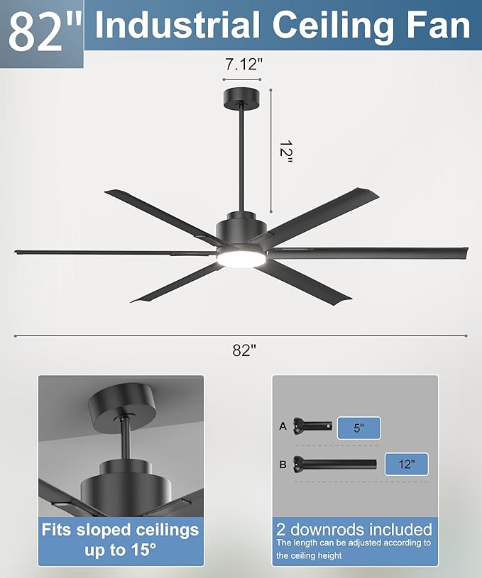 JAYNLT 82 Inch Ceiling Fan with Light,Industrial LED Fan Lights with 6 Aluminium Blades,Large Ceiling Fan - Remote/APP Control, Air Reversible 6 Speed 3 Colors Noiseless DC Motor for Warehouse,Farm