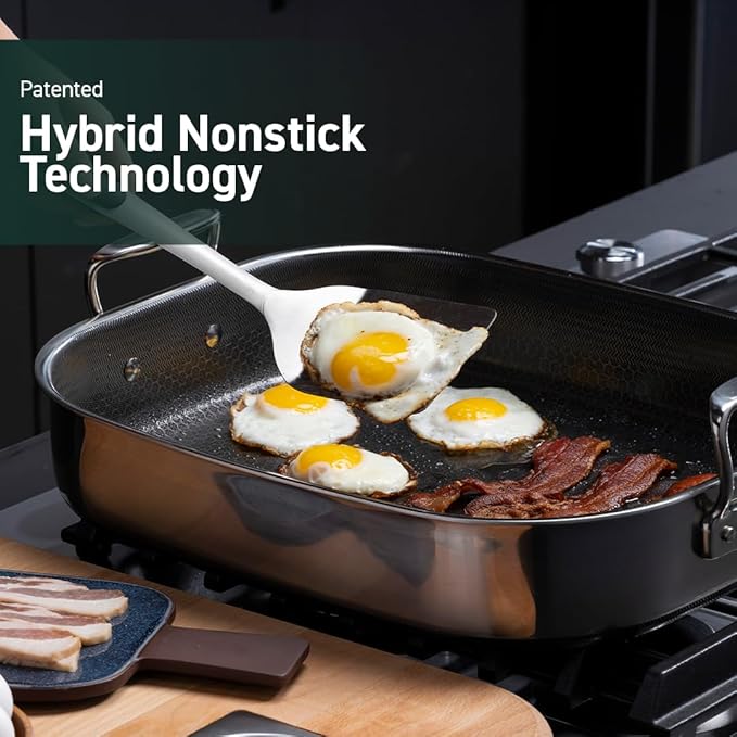 HexClad Hybrid Nonstick Roasting Pan with Rack, Dishwasher-Friendly, Oven-Safe Up to 900°F, Compatible with All Cooktops