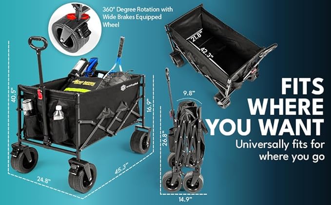 Collapsible Foldable Wagon Cart, 440lbs Heavy Duty Utility Wagon with All-Terrain Wheels, Folding Outdoor Cart with Brakes for Beach, Sports, Camping, Garden, Shopping – Black