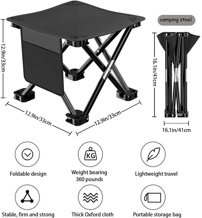 2 Pairs Camping Stool, 13 InchLightweight Folding Camping Chair, Lightweight Folding Stool Seat with Side Pocket and Carry Bag for Outdoor Hiking, Fishing, Picnic, Beach and Lawn Party