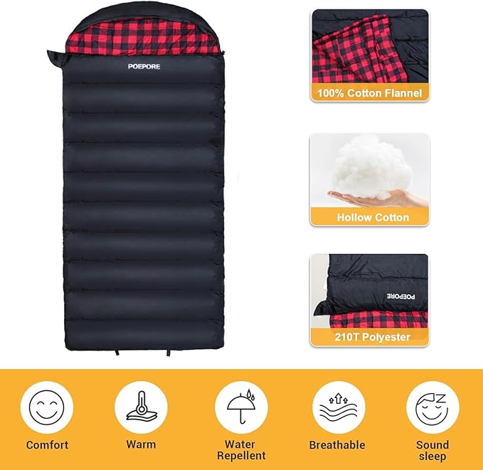 0 Degree Sleeping Bag 100% Cotton Flannel XXL Cold Weather Winter Oversized Sleeping Bag for Adults Camping Zero Degree Big and Tall with Compression Sack