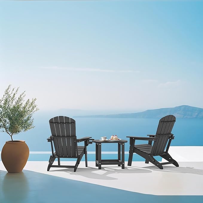 Folding Adirondack Chair, SGS Tested, Wooden Textured with Cup Holder, Heavy All-Weather HDPE Comfortable Set Poolside Backyard Lawn Grey Set 2