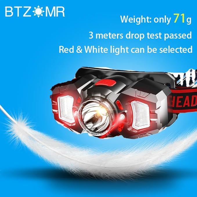 Headlamp, White&Red LED Headlamp, 70° Up&Down Adjustable, 4 Clips, Motion Switch, 800 Lumens, 500 Feet Distance and 10 Hours Running Time MAX, IPX5 Waterproof, for Camping, Hiking, Fishing