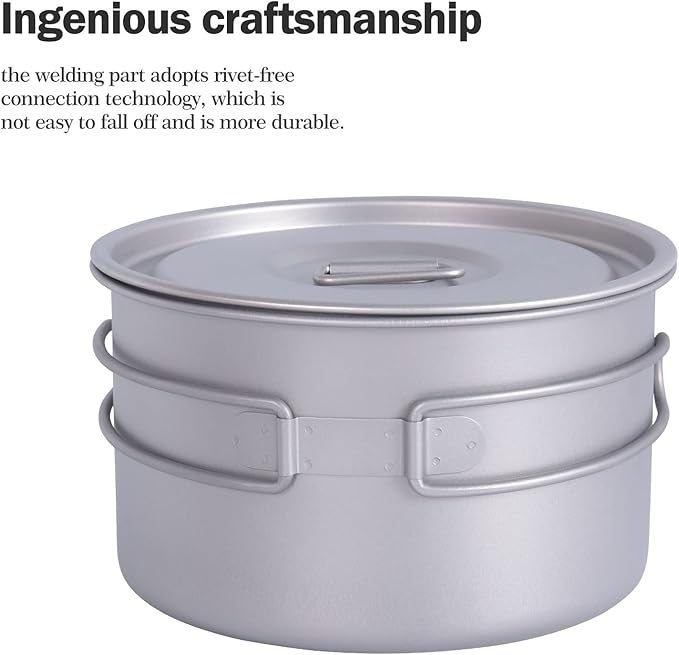 iBasingo 1.8L Titanium Cooking Pot with Lid Camping Cookware with Foldable Handle Outdoor Portable Lightweight Cooking Kit for Backpacking Hiking Picnic Fishing Mountaineering Ti2107C (1 pc)