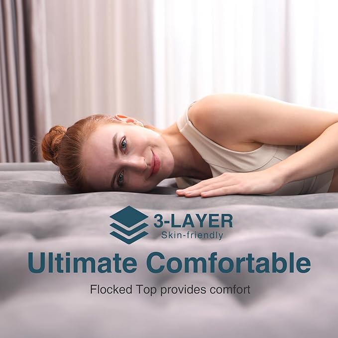 Queen Air Mattress Queen with Built in Pump 16" Double Height Inflatable Mattress with Soft Flocked Top & Carry Bag Adjustable Blow Up Mattress Portable Air Bed for Guest Indoor