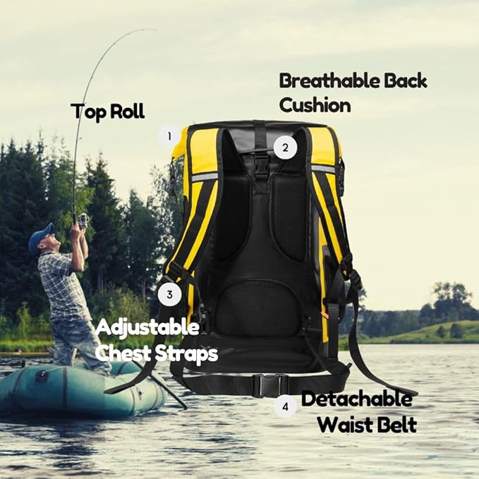 Waterproof Dry Bag Backpack for Kayaking, Roll Top Kayak Dry Backpack, Floating Outdoor Dry Sack Boating Sailing Canoeing Rafting Fishing Camping 55L Yellow